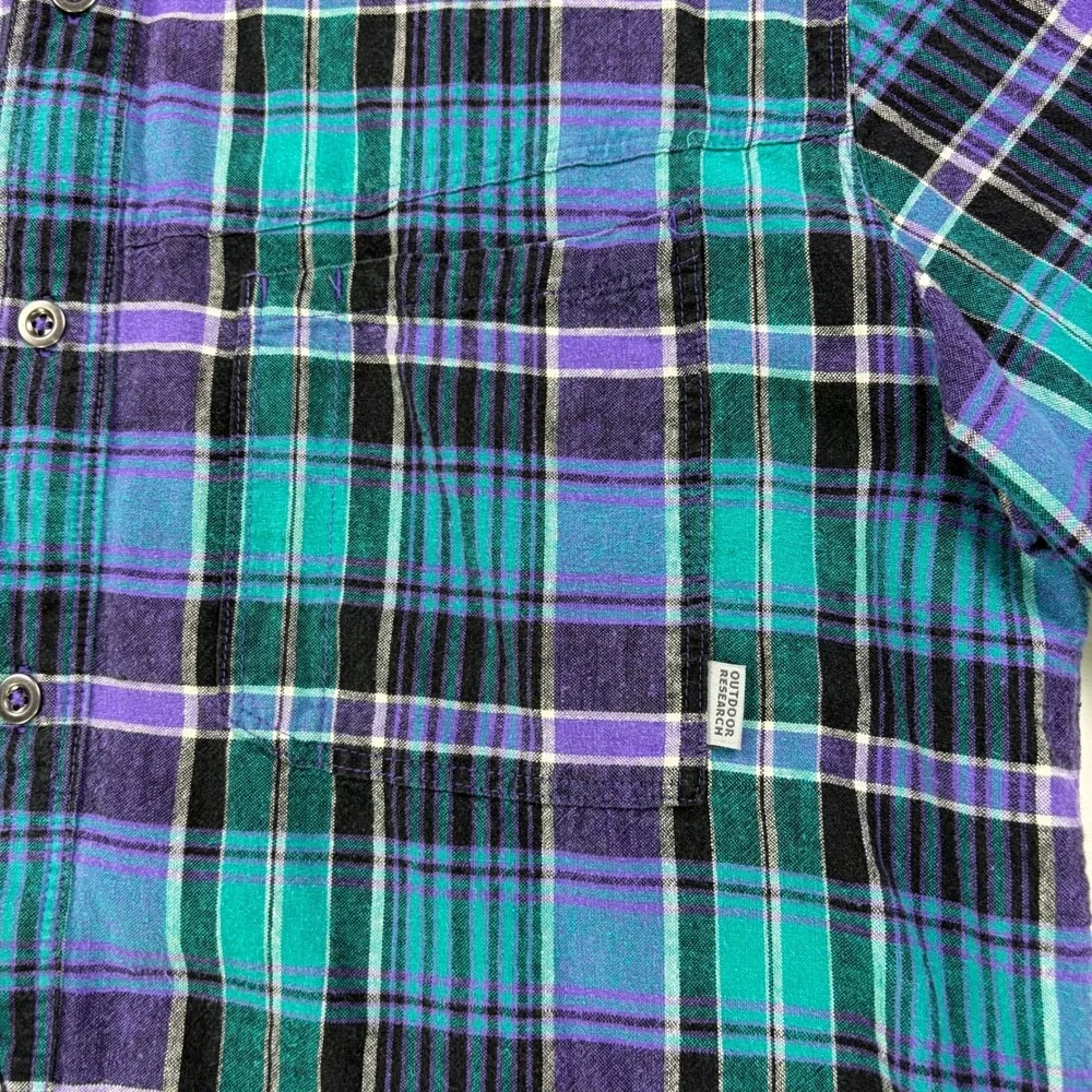 Outdoor Research Weisse Plaid Shirt Mens M Teal Purple Hemp Cotton S/S Button